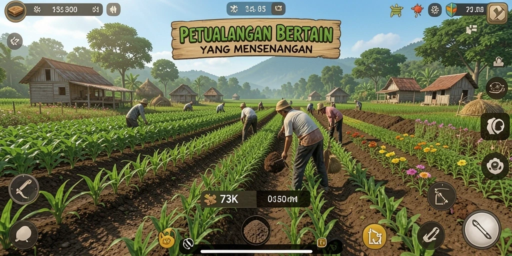 Screenshot gameplay <strong>73K</strong> menunjukkan kebun yang subur dan aktif.