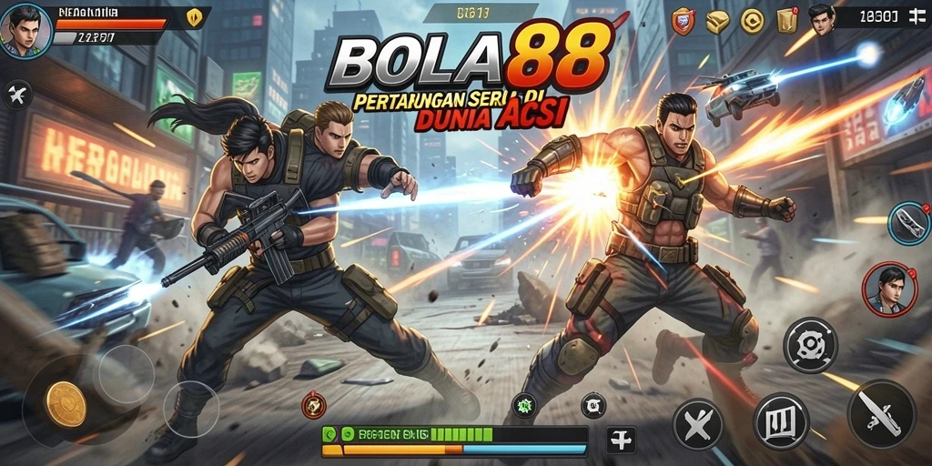 Gameplay seru BOLA88 dengan pertarungan intens antara karakter.