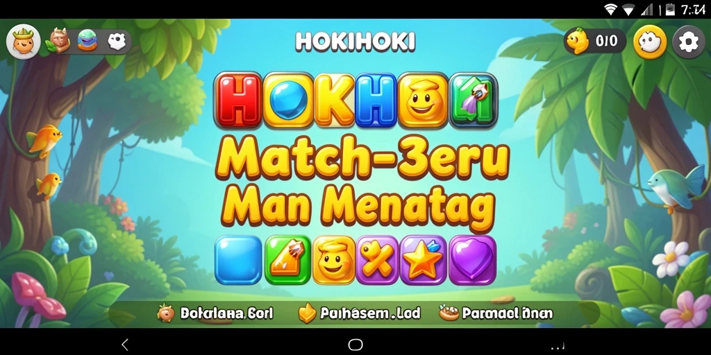 Screenshot HOKIHOKI menampilkan gameplay seru Match-3 yang penuh warna.