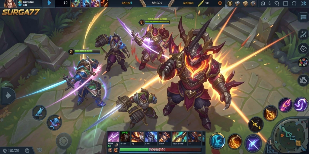 Tampilan aksi seru dalam gameplay SURGA77 MOBA.